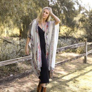 Boho Color Stitch Tapestry Multi-Color Long Kimono